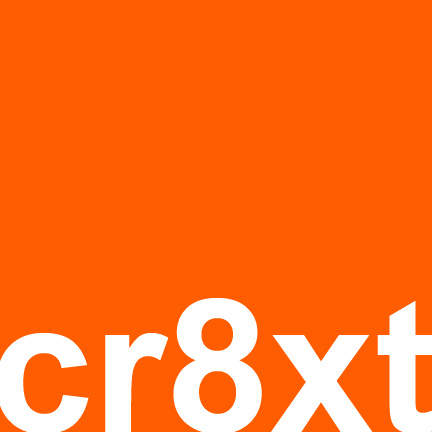 The logo for Creative Externalities. It is a square shape with the text C R 8 X T in white, against an orange background.