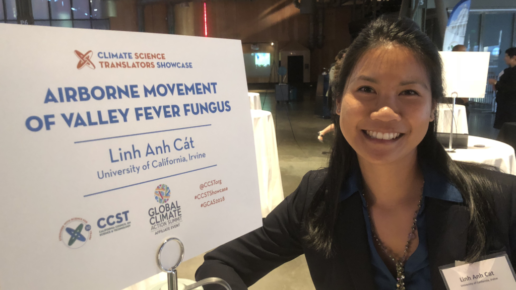 UC Irvine doctoral student presented at the 2018 CCST Climate Science Translators Showcase during #GCAS2018 week.  The California Council on Science and Technology (CCST) hosted the CCST Climate Science Translators Showcase on Tuesday, September 11, 2018 at the Exploratorium as an Affiliate Event of the historic Global Climate Action Summit in San Francisco — held during the "Celebration of Science and Education" reception hosted by the Governor's Office of Planning and Research (OPR), CCST, the Gordon and Betty Moore Foundation, CalEPA, and Ten Strands. The #CCSTShowcase recruited and trained 12 graduate students and postdocs from California universities and research institutions to communicate their climate-related research to policy leaders, staff, and other Summit delegates.