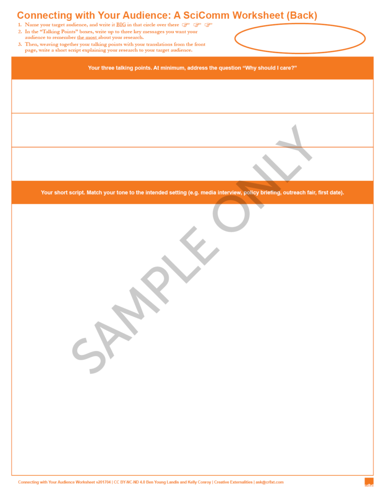 A screenshot of the back of the Connecting with Your Audience worksheet, created by Ben Young Landis and Kelly Conroy. The top half of the sheet has three blank fields for the user to write down talking points, and the bottom half of the sheet has a large field for the user to write a short briefing script for explaining their science. A large circle on the upper right is empty, for the user to indicate the audience being communicated to. The workshset is in orange ink on white paper.