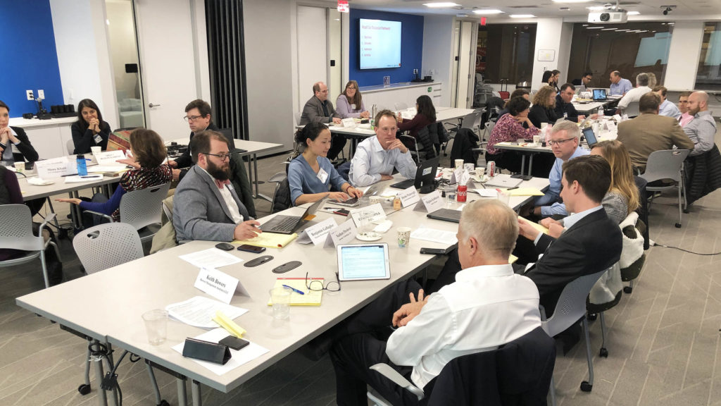 Attendees participate in a breakout discussion during the EPRI-EPIC workshop "Data Science Solutions to Environmental Challenges in the Electric Power Industry" hosted at EPRI offices in Washington DC, Thursday, November 7, 2019. (Photo by Ben Young Landis)