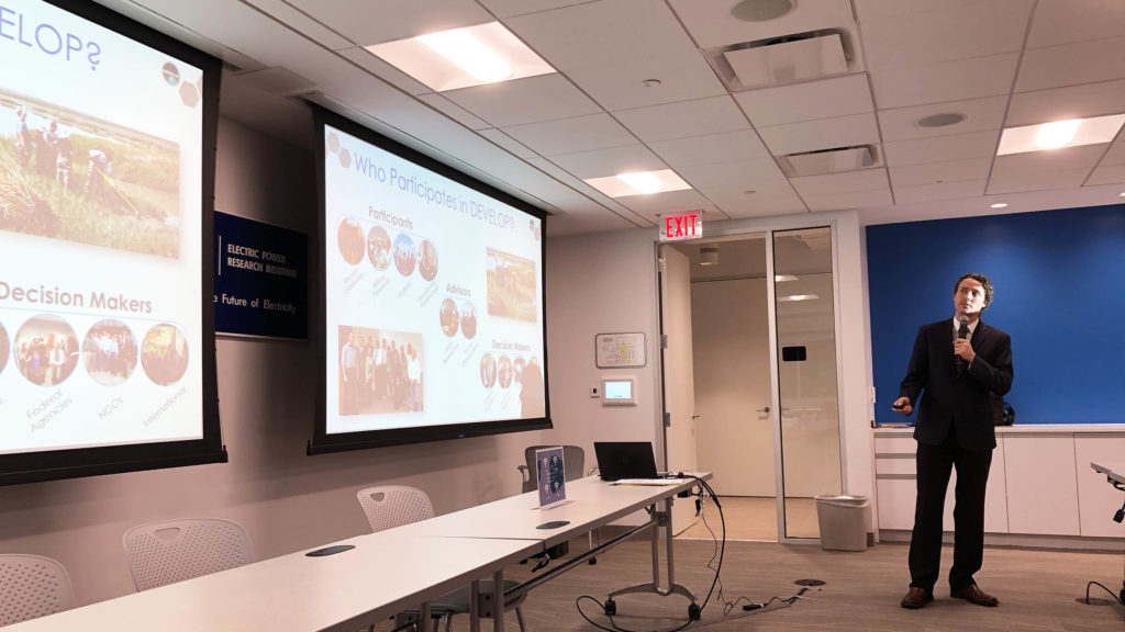 Sean McCartney of SSAI/NASA Goddard Space Flight Center presents information about the NASA ARSET program, NASA DEVELOP program, and NASA POWER program at the EPRI-EPIC workshop "Data Science Solutions to Environmental Challenges in the Electric Power Industry" hosted at EPRI offices in Washington DC, Thursday, November 7, 2019. (Photo by Ben Young Landis)